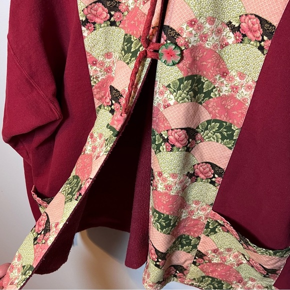 Vtg Reworked Crewneck Quilted Open Cardigan Size L Burgundy Fleece Sweatshirt - Picture 3 of 8